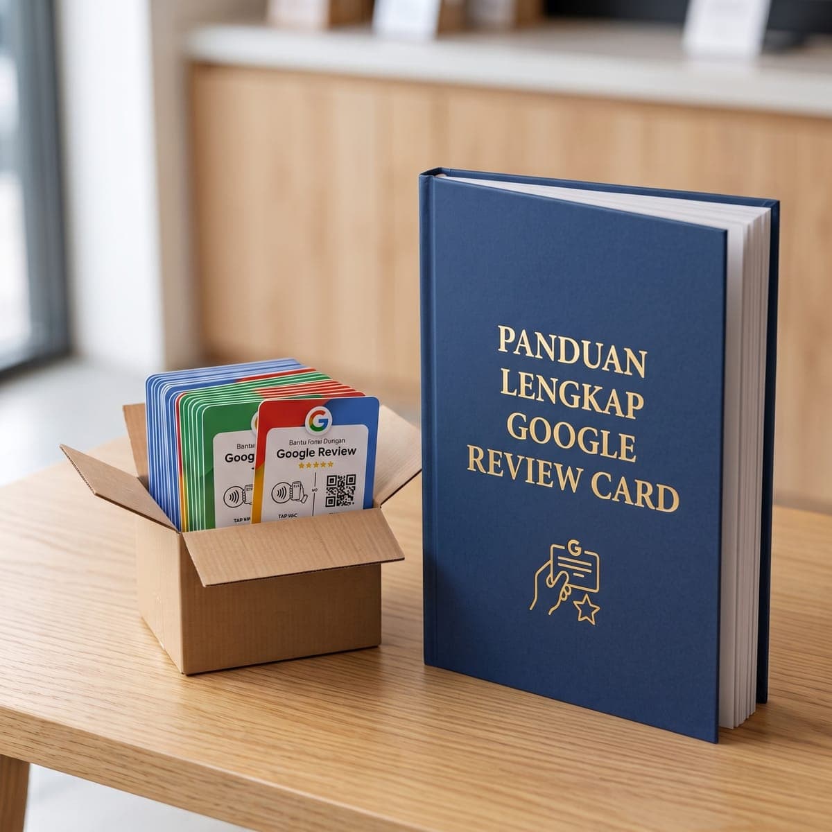 Kotak berisi tumpukan kartu ulasan di samping buku panduan