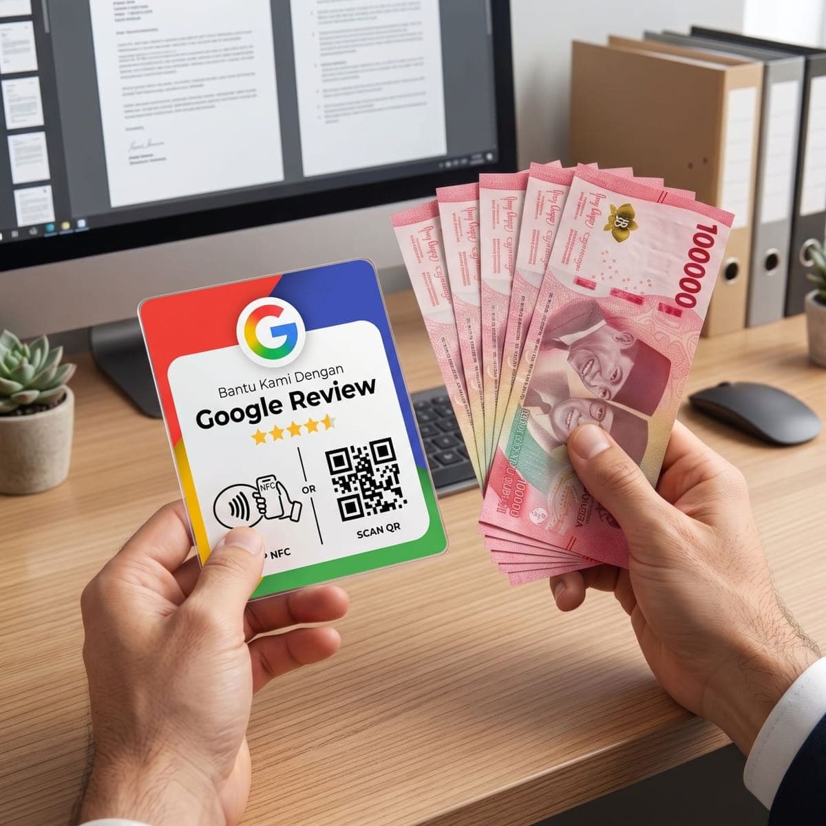 Tangan memegang kartu ulasan dan beberapa lembar uang seratus ribu rupiah
